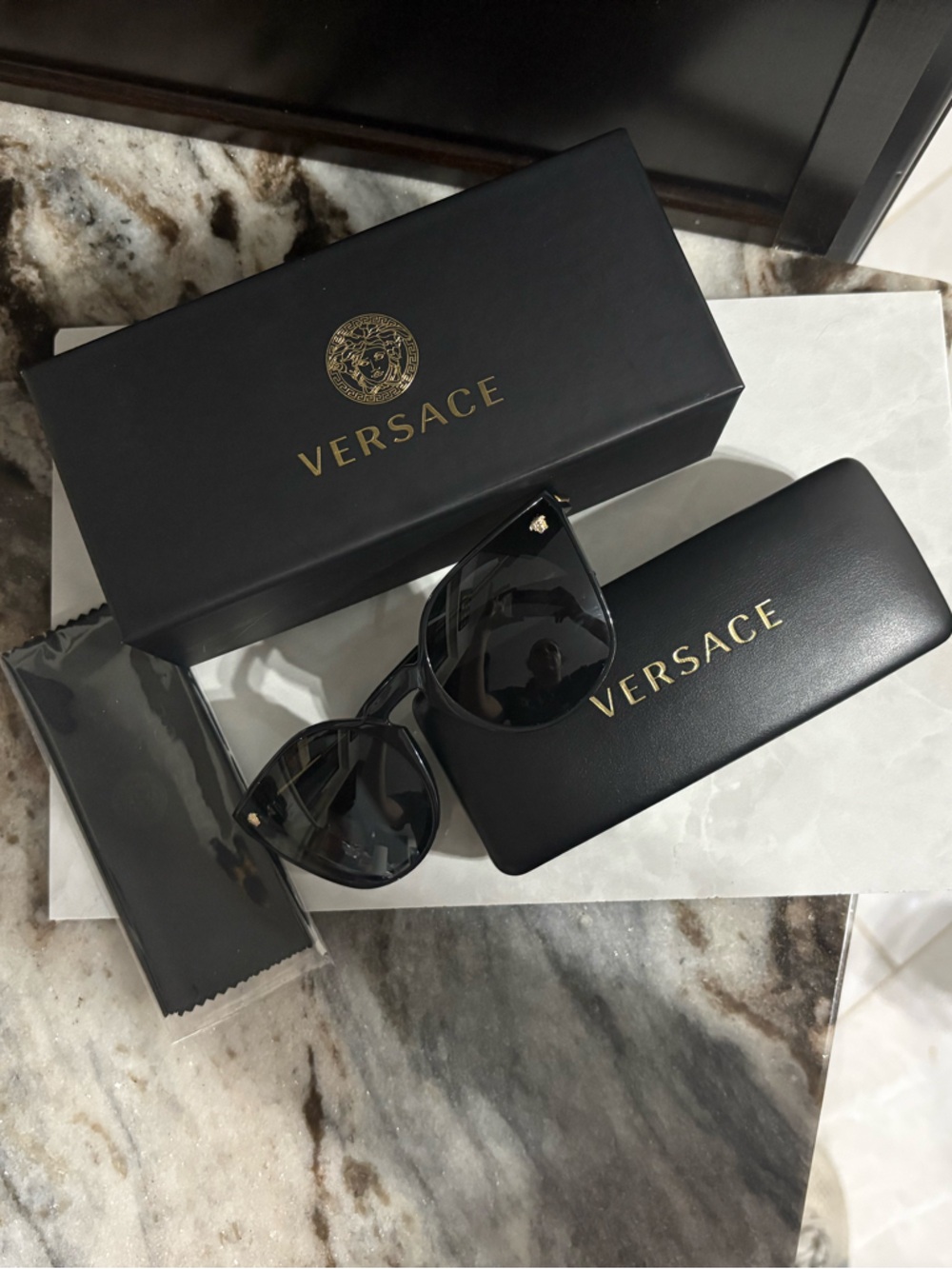 Versace Black Sunglasses with Gold Logo Accents